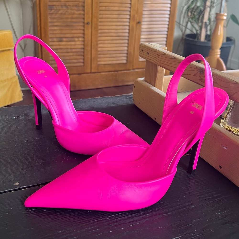 Zara Hot Pink Pointy Toe Leather Slingback Heels 40